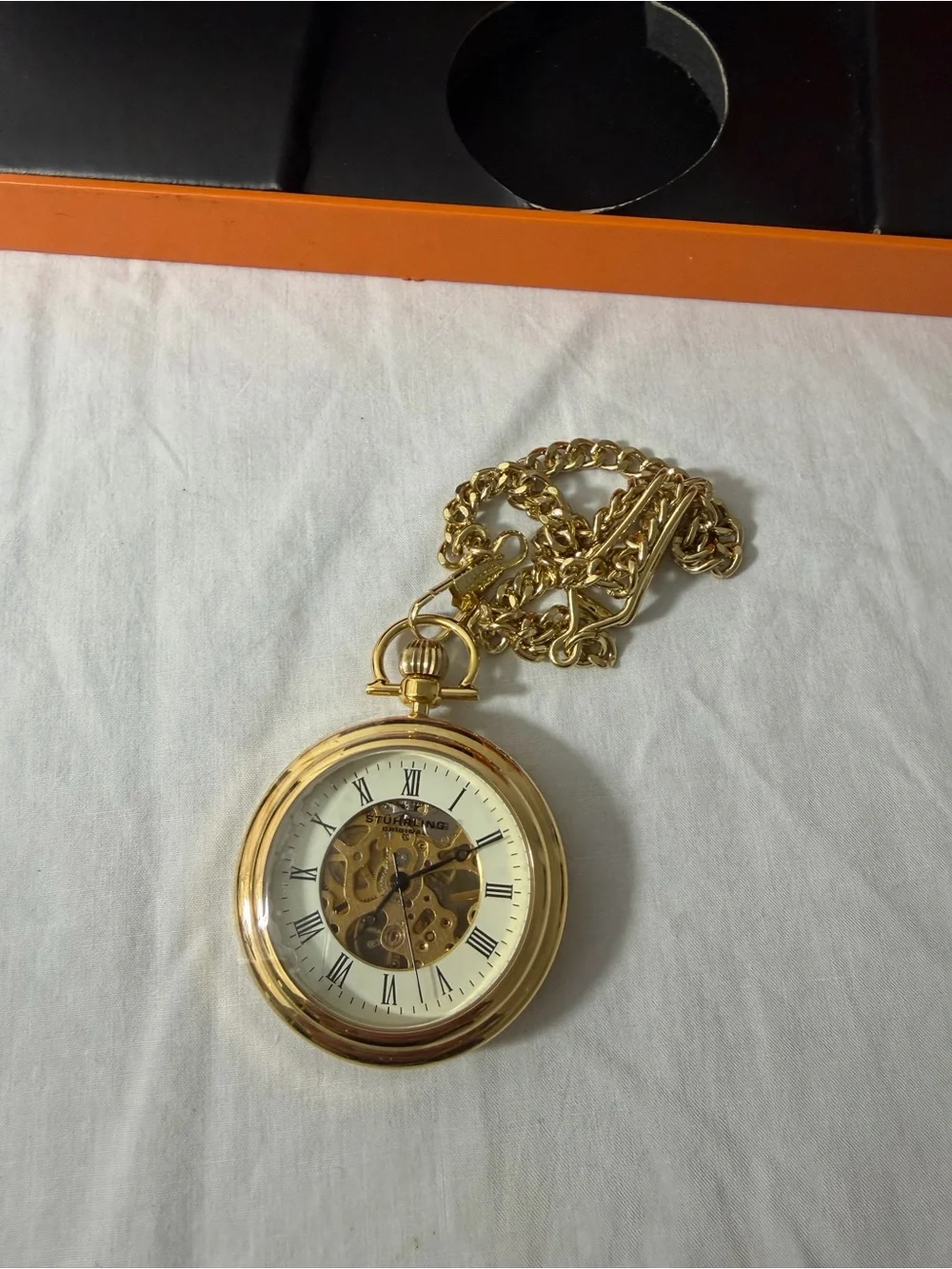 Gold Pocket Watch with Chain – Skeleton Dial